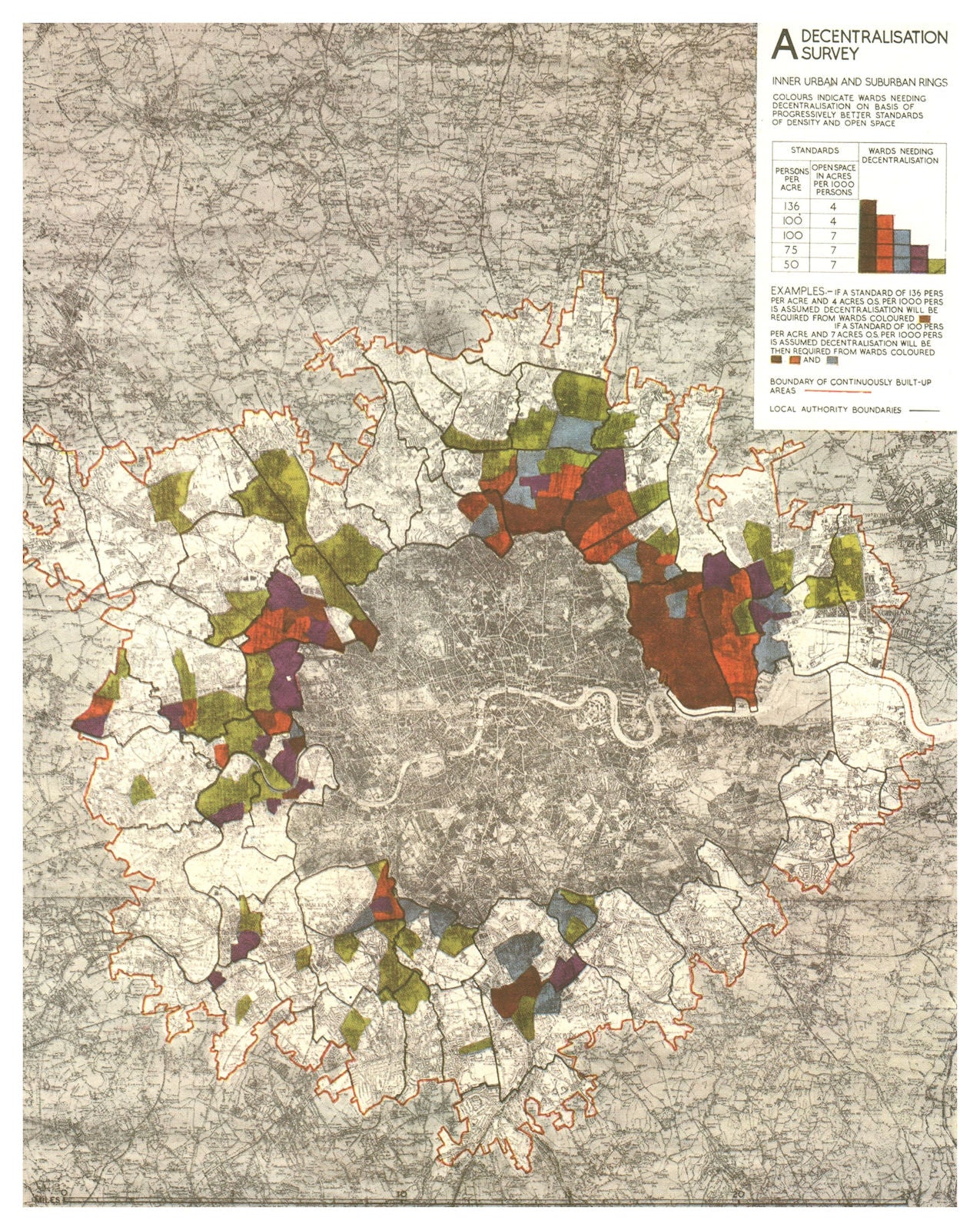 GREATER LONDON PLAN. Areas needing decentralisation. ABERCROMBIE 1944 old map